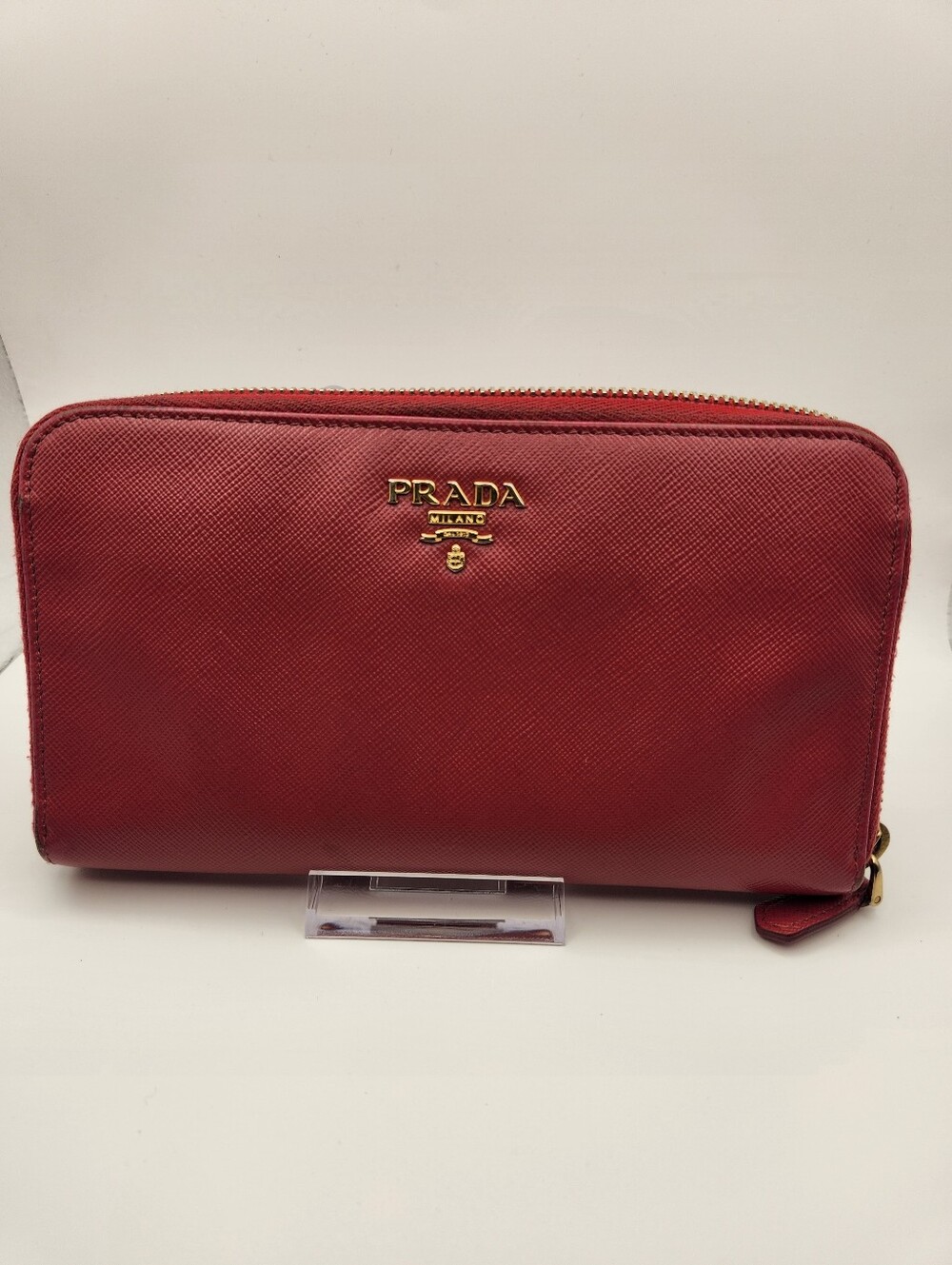 Prada Saffiano Zip Wallet in Peonia with Gold Logo